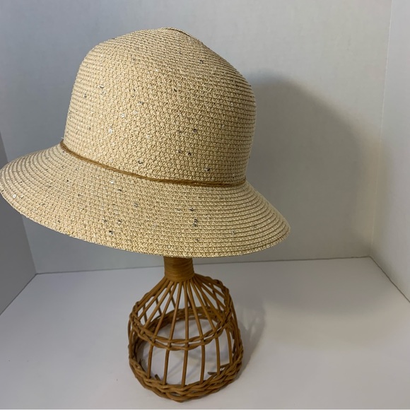 Tan Paper Bucket Hat with Silver Sequins One Size - Picture 2 of 7